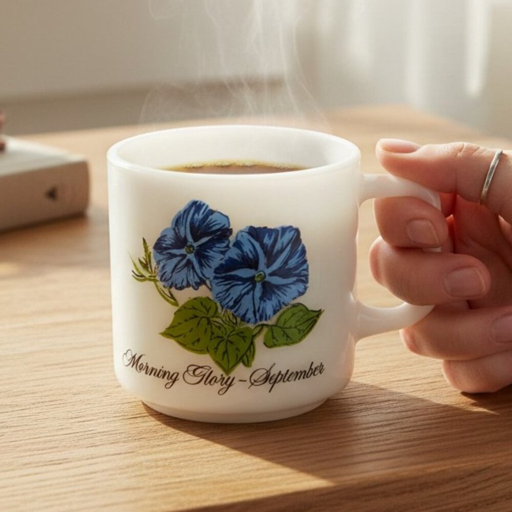 Vintage September Mug  Morning Glory Flower of the Month Milk Glass Cup | 1970s